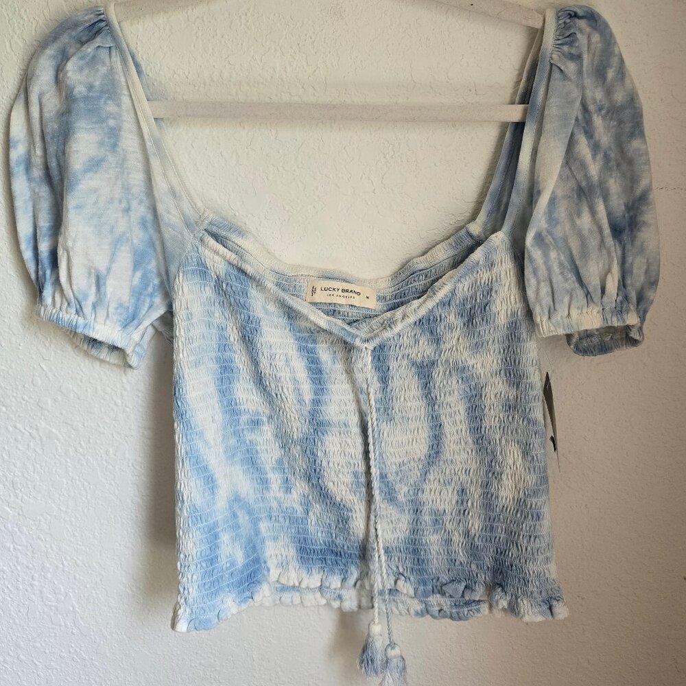 Lucky Brand Blue Tie Dye Smocked Cropped Top Size M **NWT**